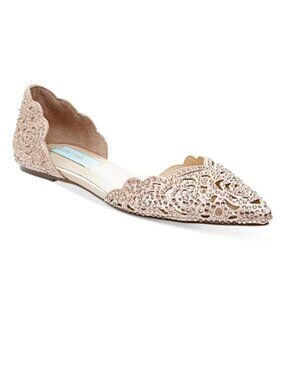Blue by Betsy Johnson Lucy Embellished Flats Blush Satin Women's Size 8.5